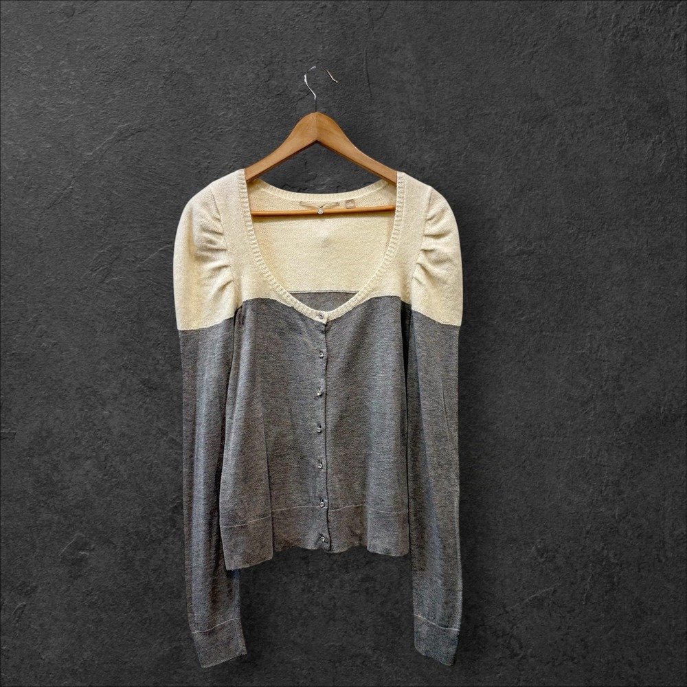 Knitted & Knotted Anthropologie Cardigan Gray  Wool Angora Silk Puff Sleeve Sz M